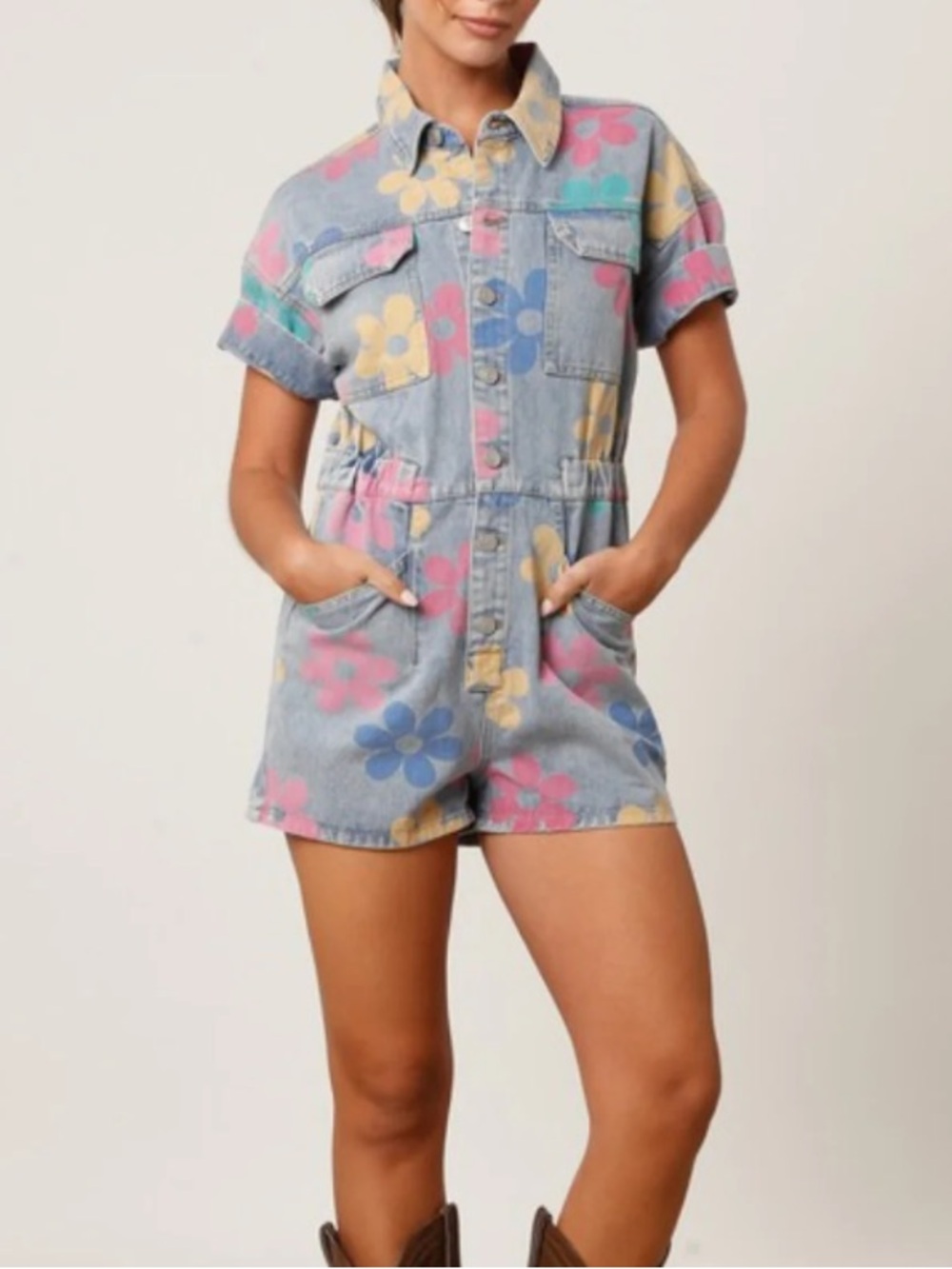 Denim Button Up Collared Floral Short Sleeve Romper Shorts